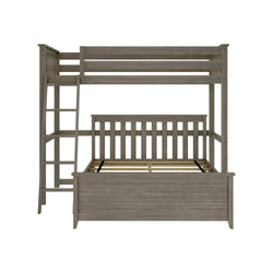 Wooden bunk bed with ladder and storage shelves in modern design.