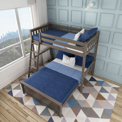 Modern bunk bed with blue bedding in a stylish bedroom with city view.