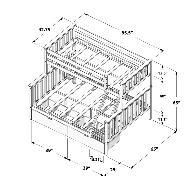 Isometric assembly diagram of a wooden twin loft bunk bed with ladder, guardrails and under‑bed storage drawers, detailed line drawing with labeled dimensions for assembly and space planning.