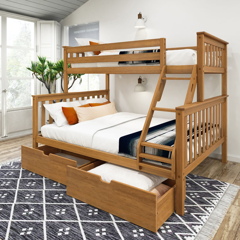 Wooden bunk bed with storage drawers in a cozy, modern bedroom.