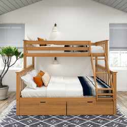 Wooden bunk bed with storage drawers and cozy bedding in a bright, modern bedroom.