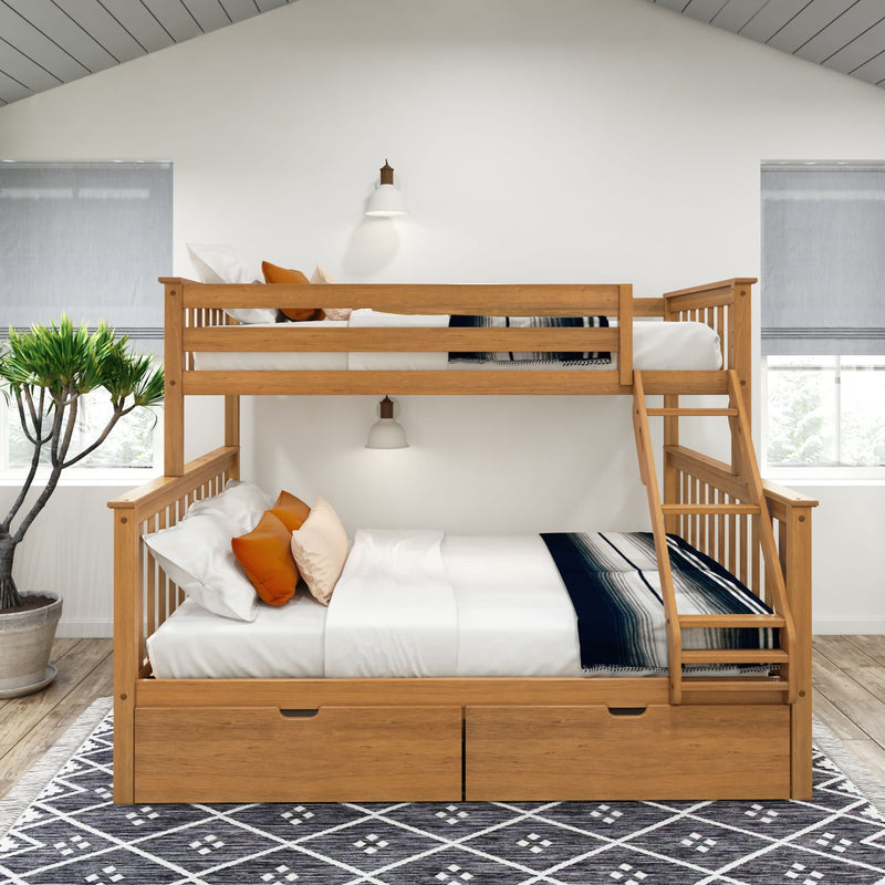 Wooden bunk bed with storage drawers and cozy bedding in a bright, modern bedroom.