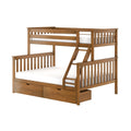 Solid wood twin-over-full bunk bed with ladder and under-bed storage drawers, slatted headboard and footboard, natural wood finish and white mattress
