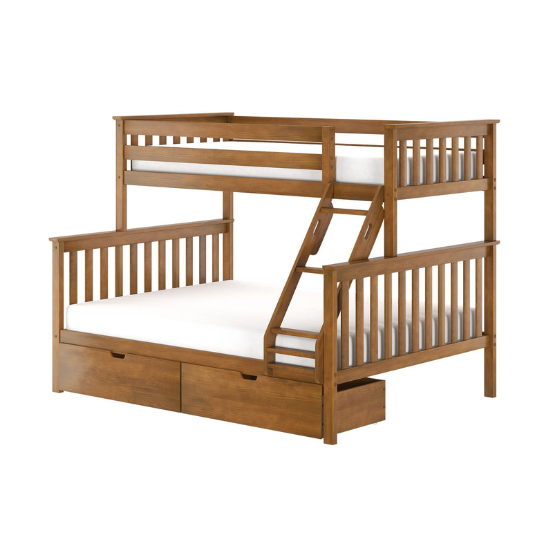Solid wood twin-over-full bunk bed with ladder and under-bed storage drawers, slatted headboard and footboard, natural wood finish and white mattress