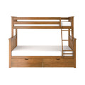 Solid wood bunk bed with ladder and built-in under-bed storage drawers, natural oak finish and white mattresses