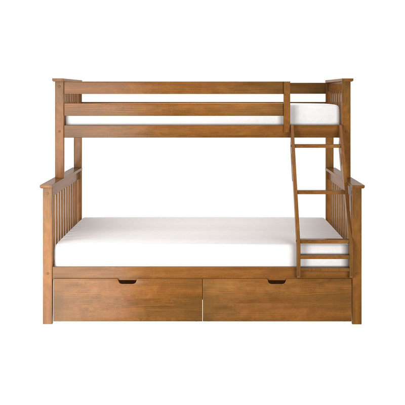Solid wood bunk bed with ladder and built-in under-bed storage drawers, natural oak finish and white mattresses