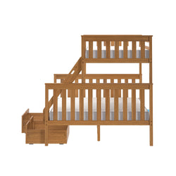 Wooden triple bunk bed with storage drawers for kids' bedroom furniture.