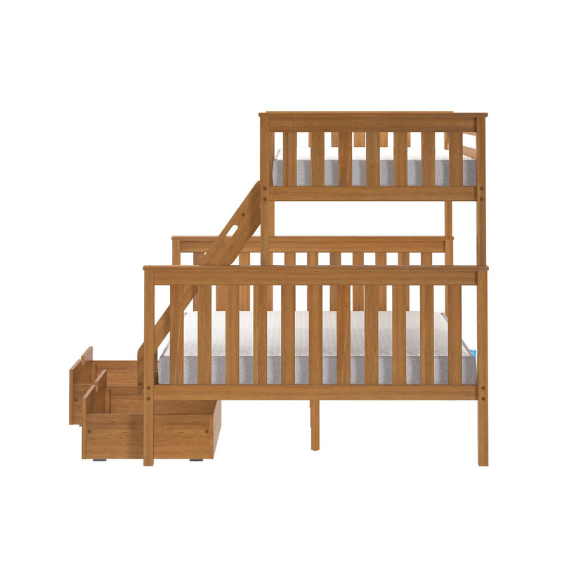 Wooden triple bunk bed with storage drawers for kids' bedroom furniture.