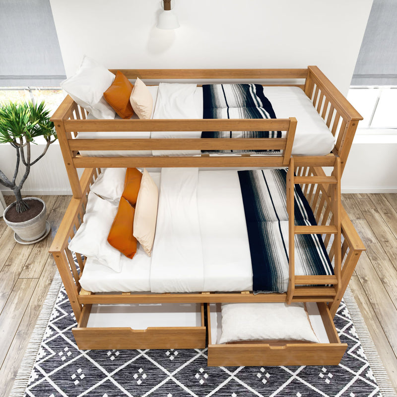 Wooden bunk bed with storage drawers, colorful striped bedding, and orange throw pillows in a modern bedroom setting.
