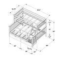 Assembly diagram of wooden twin-over-full loft bunk bed with ladder, built-in storage drawers and detailed measurements (85.5" length, 65" width, 40" height)