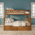 Solid wooden bunk bed with ladder and under-bed storage, white linens and pillows against a teal accent wall with two windows in a bright kids' bedroom