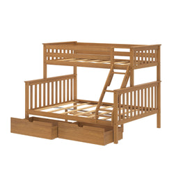 Wooden bunk bed with ladder, featuring storage drawers underneath.