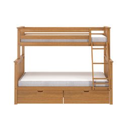 Wooden bunk bed with ladder and storage drawers.