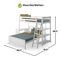 White bunk bed with ladder, featuring desk and shelves, dimensions 96.5x81.5x68.5 inches, ideal for space-saving and functionality.