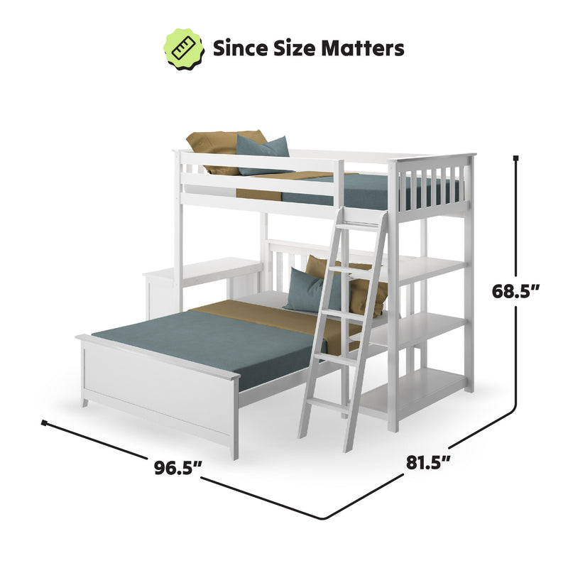White bunk bed with ladder, featuring desk and shelves, dimensions 96.5x81.5x68.5 inches, ideal for space-saving and functionality.