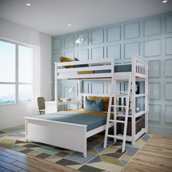White bunk bed with desk in stylish modern bedroom featuring blue accent wall and large window.