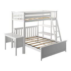 White loft bed with integrated desk and shelves, ideal for small bedrooms and maximizing space.