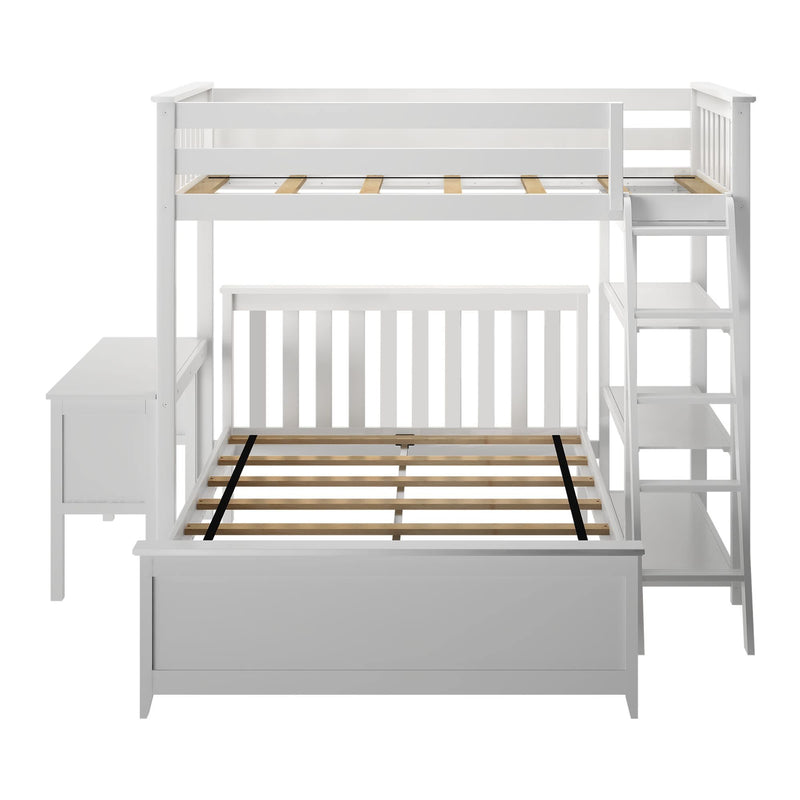 White wooden loft bunk bed with desk and ladder, ideal for maximizing space in a children's bedroom.