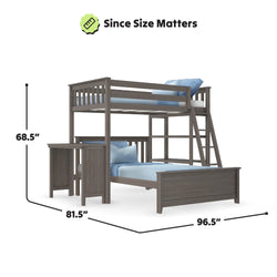 Lofted bunk bed with desk dimensions, grey wood finish, featuring two sleeping areas and a work station.