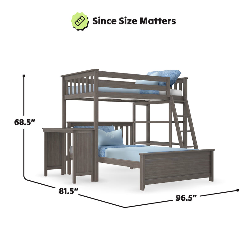 Lofted bunk bed with desk dimensions, grey wood finish, featuring two sleeping areas and a work station.