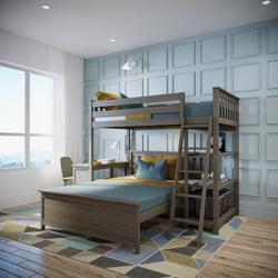 Modern loft-style bedroom with bunk bed, wooden accents, and stylish decor.