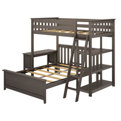 Gray wooden loft bed with ladder and built-in shelves for kids' bedroom furniture.