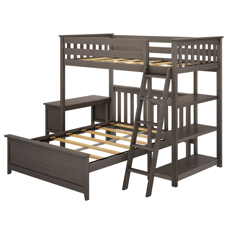Gray wooden loft bed with ladder and built-in shelves for kids' bedroom furniture.