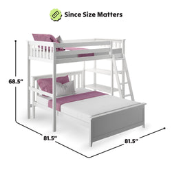 White bunk bed with ladder and dimensions 68.5 inches high and 81.5 inches wide, featuring purple bedding.