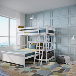 White wooden bunk bed in a modern children's bedroom with geometric rug and pastel paneled walls.