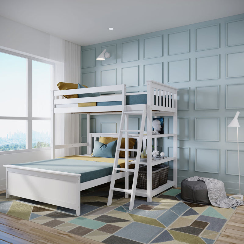 White wooden bunk bed in a modern children's bedroom with geometric rug and pastel paneled walls.