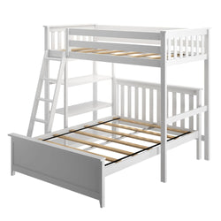 White wooden twin over full bunk bed with built-in ladder and storage shelves.