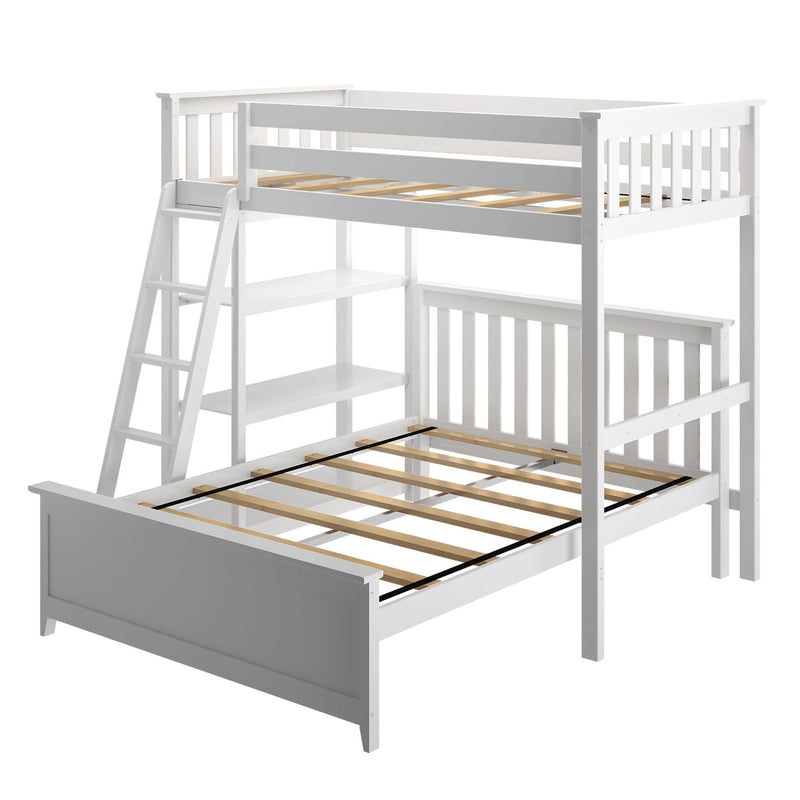 White wooden twin over full bunk bed with built-in ladder and storage shelves.