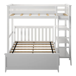 White wooden loft bed with ladder and integrated shelves suitable for children or small bedrooms.