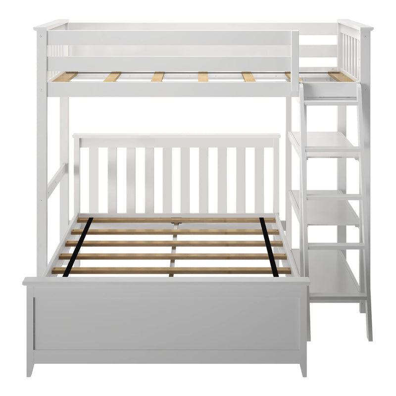 White wooden loft bed with ladder and integrated shelves suitable for children or small bedrooms.