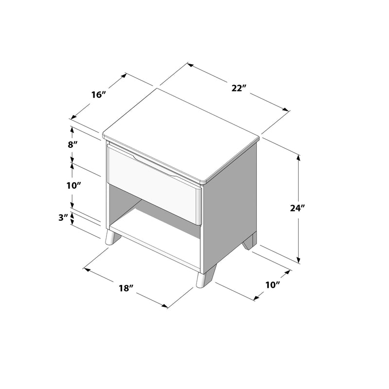 Line drawing of a mid-century modern nightstand with one drawer, open lower shelf and tapered legs, labeled with measurements 22 in W × 18 in D × 24 in H