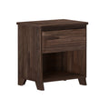 Dark wood bedside table with drawer and open shelf for bedroom storage.