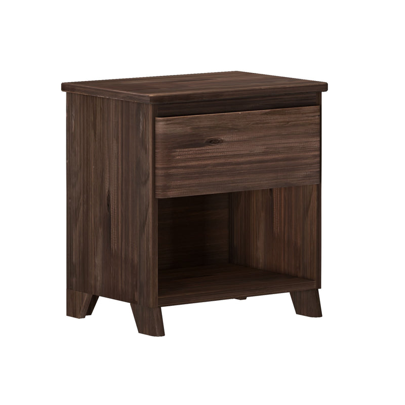 Dark wood bedside table with drawer and open shelf for bedroom storage.