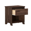 Dark wood nightstand with a single open drawer and an empty shelf, perfect for bedroom storage.