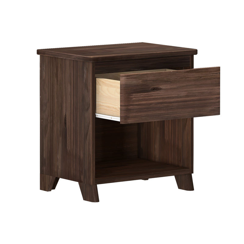 Dark wood nightstand with a single open drawer and an empty shelf, perfect for bedroom storage.