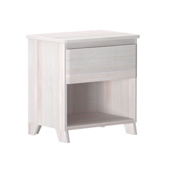 White wooden nightstand with drawer and open shelf, ideal for bedroom storage and decor.