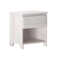 White wooden nightstand with drawer and open shelf, ideal for bedroom storage and decor.