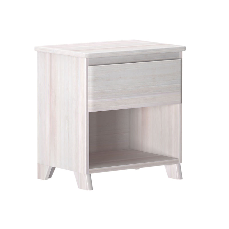 White wooden nightstand with drawer and open shelf, ideal for bedroom storage and decor.