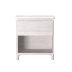 White wooden nightstand with storage drawer and shelf.