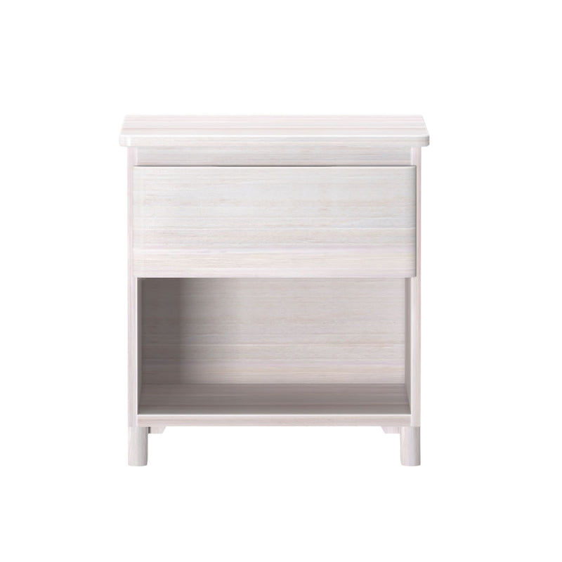 White wooden nightstand with storage drawer and shelf.