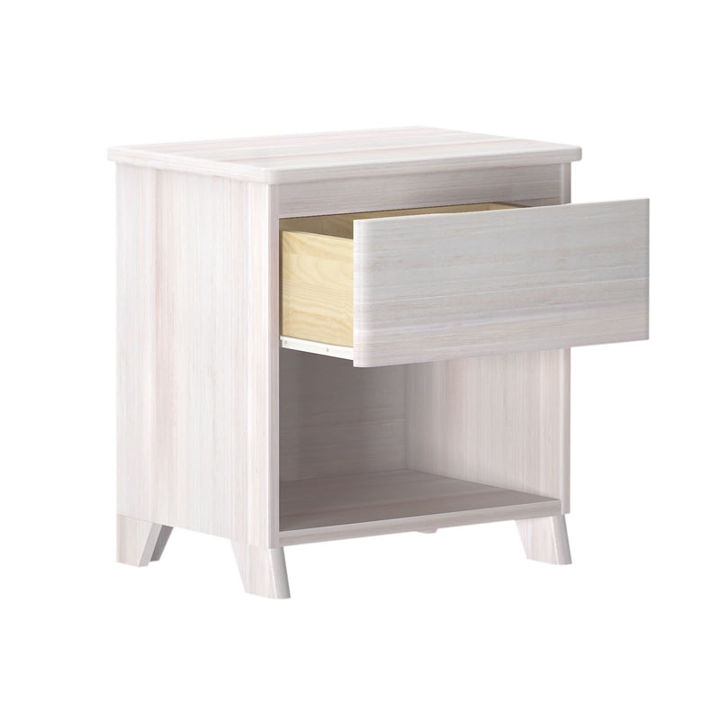 White wooden nightstand with open drawer, minimalist bedroom furniture.