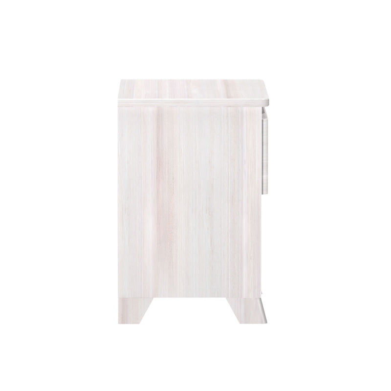 Side view of a minimalist white wooden file cabinet for home or office organization.