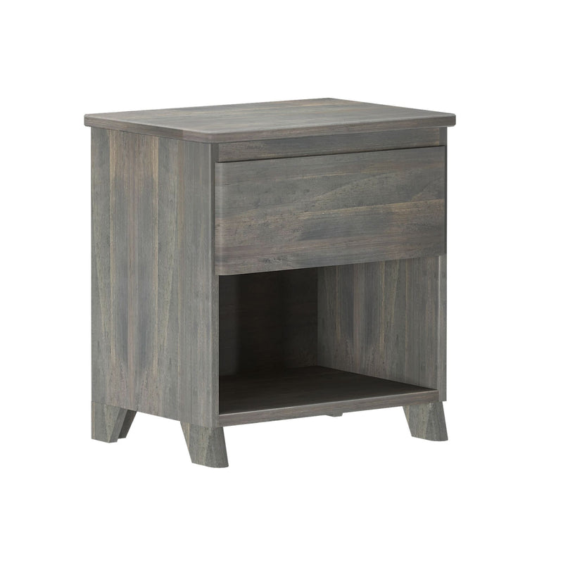 Gray wooden nightstand with single drawer and open shelf, perfect for bedroom furniture.