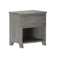 Gray wooden nightstand with single drawer and open shelf, perfect for bedroom furniture.