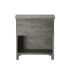 Gray wooden nightstand with open shelf and minimalist design.