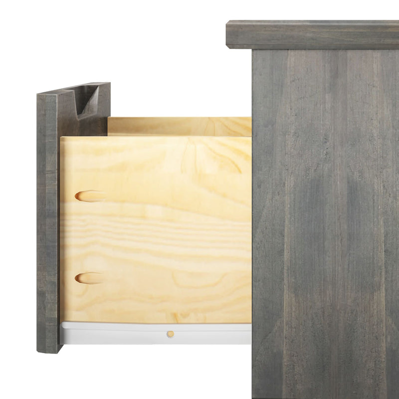 Close-up view of a modern wooden dresser showing an open drawer for home organization solutions.